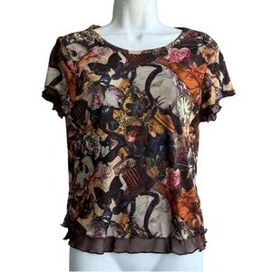 Almost Famous Graphic Mesh Top Size L Floral Motif Print Multicolor Gothic Fairy